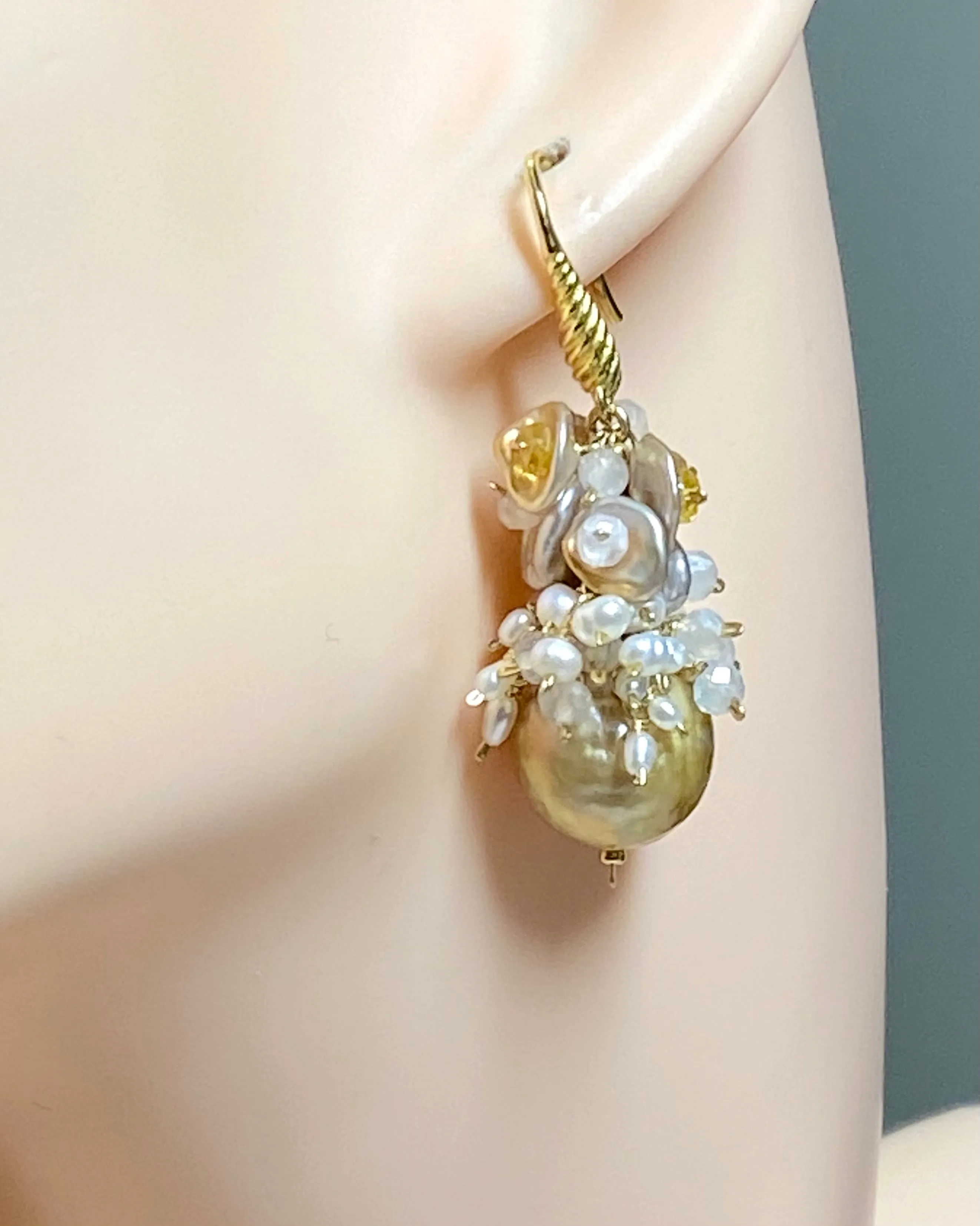 Baroque Pond Slime Pearl Cluster Earring with Yellow Sapphires