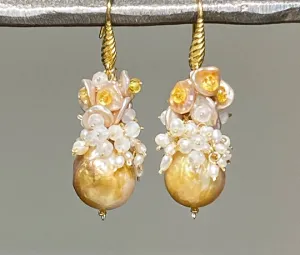 Baroque Pond Slime Pearl Cluster Earring with Yellow Sapphires