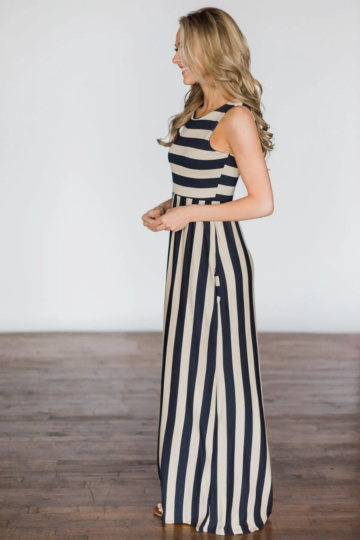 Beach Daze Striped Maxi Dress ~ Taupe & Navy