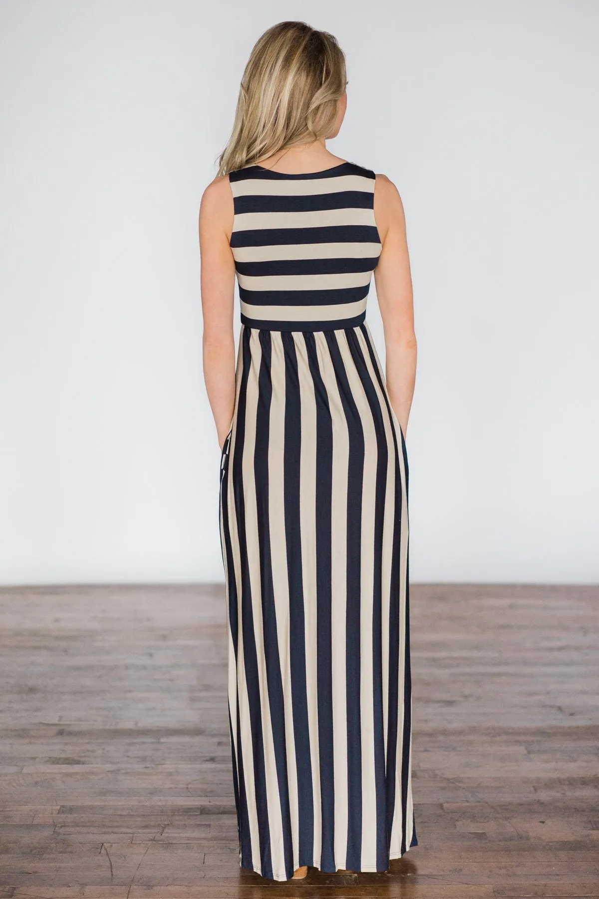 Beach Daze Striped Maxi Dress ~ Taupe & Navy