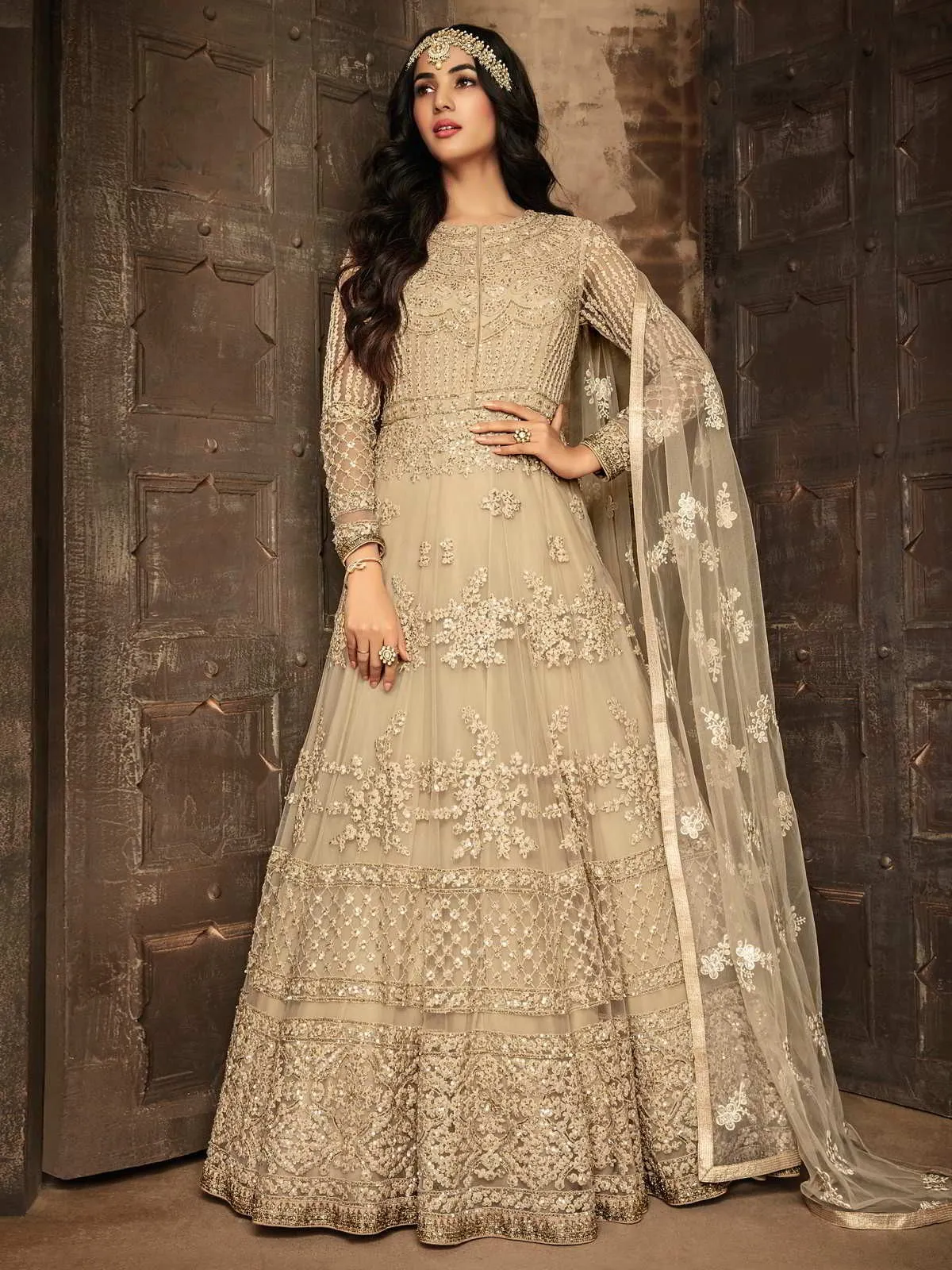 Beige Chikankari Embroidered Party Wear Anarkali Suit