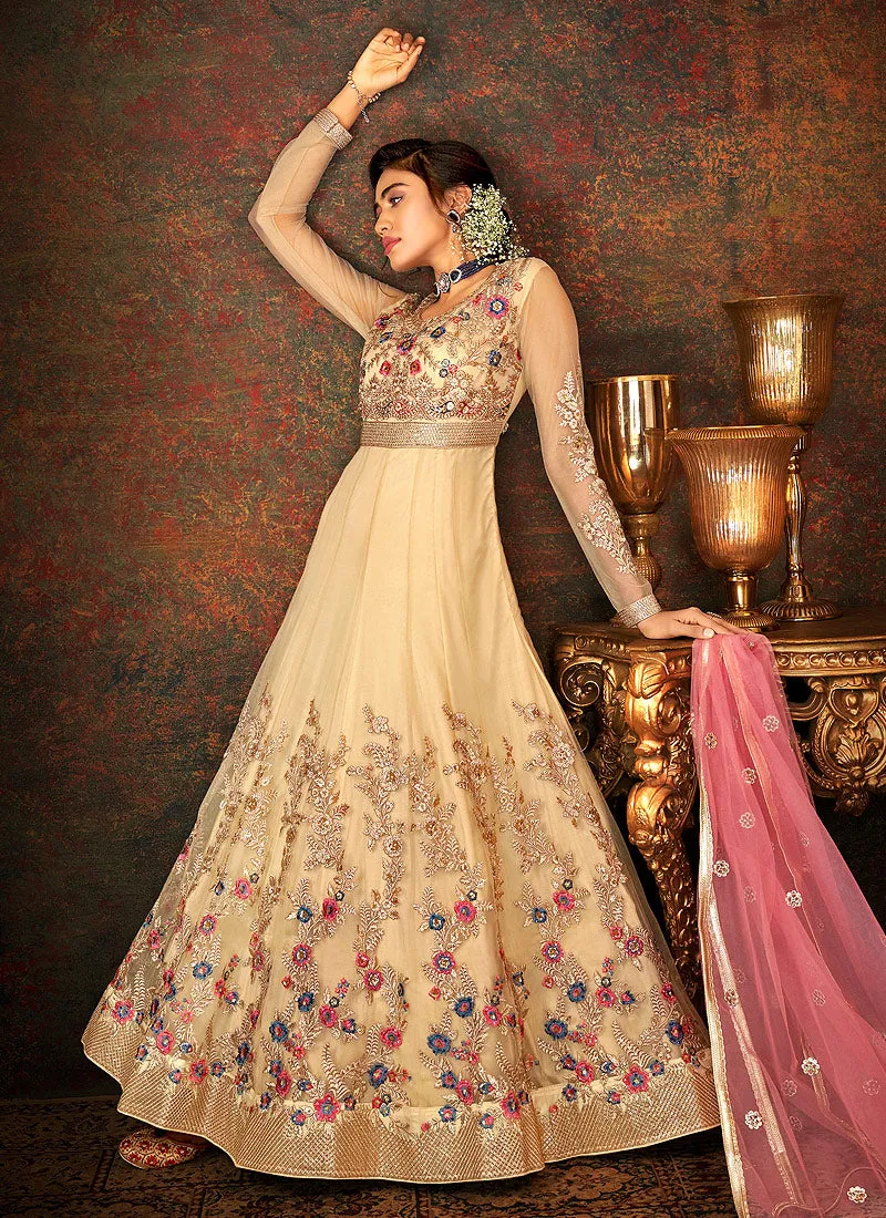 Beige Multi Embroidered Wedding Anarkali Suit