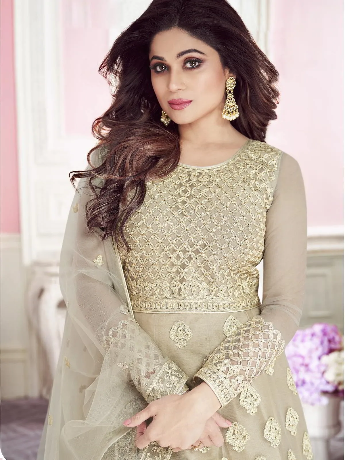 Beige Overall Embroidered Designer Net Anarkali Suit