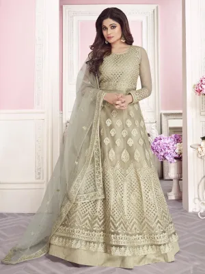 Beige Overall Embroidered Designer Net Anarkali Suit