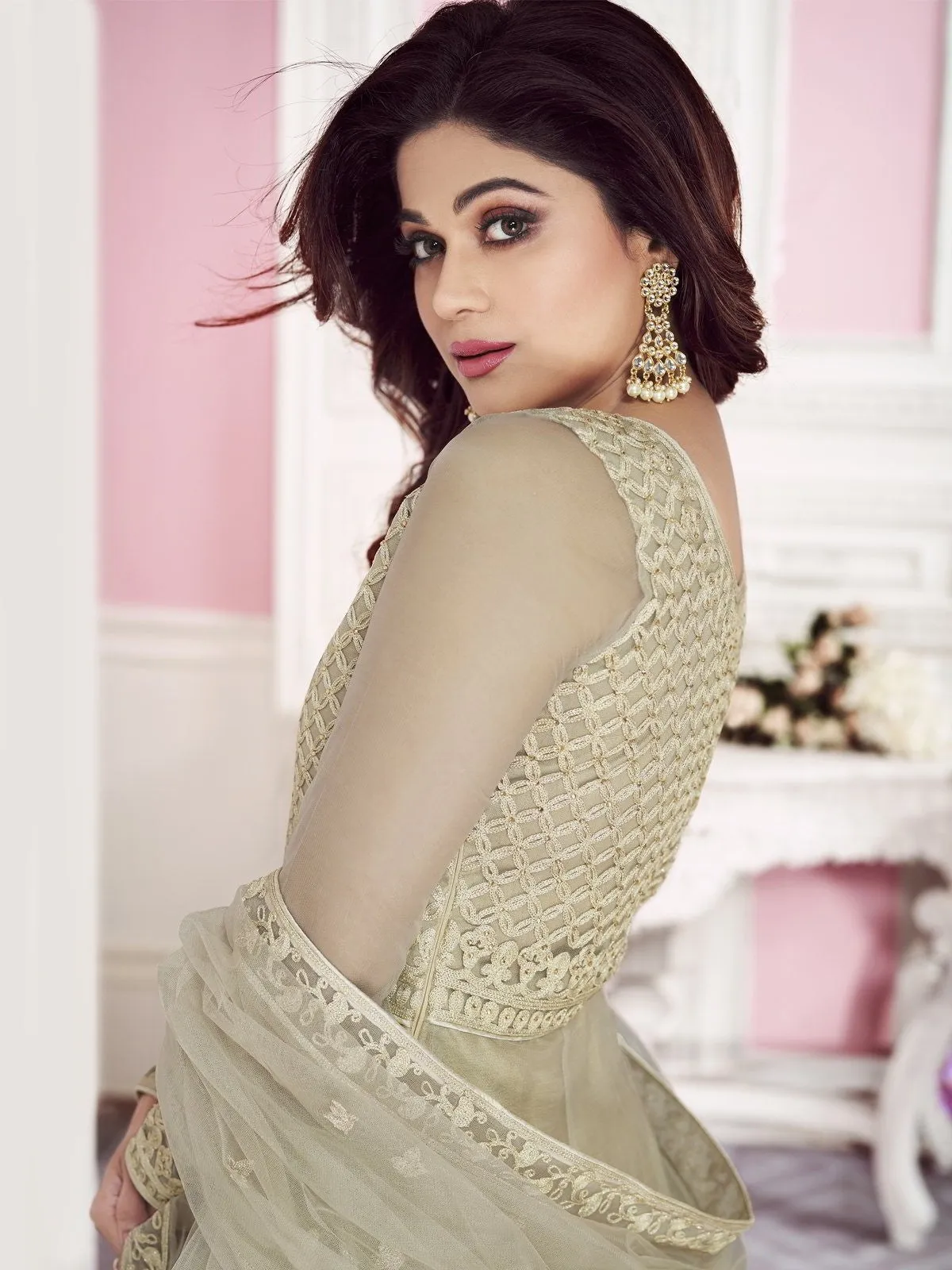 Beige Overall Embroidered Designer Net Anarkali Suit