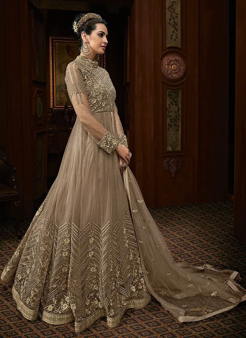 Beige Overall Embroidered Net Anarkali Suit