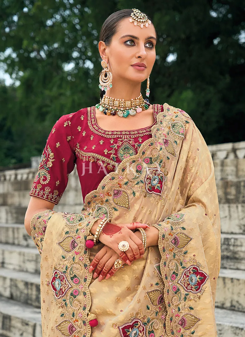 Beige Red Handwork Embroidery Wedding Saree