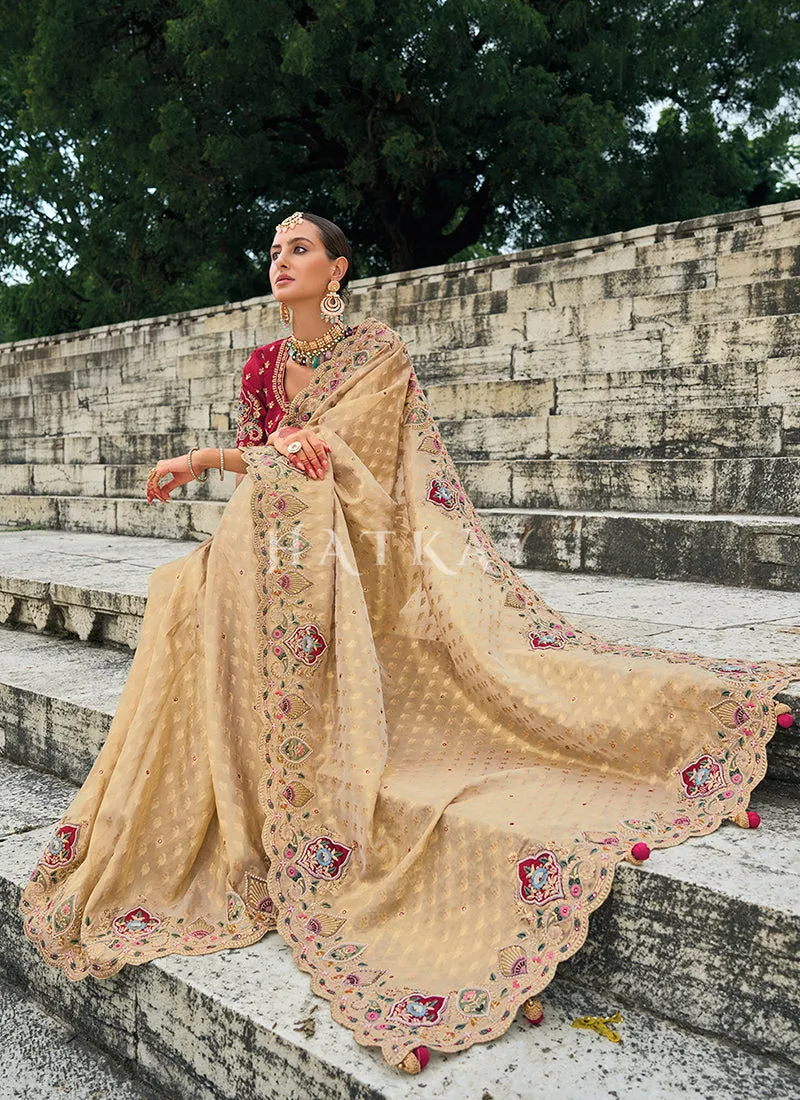 Beige Red Handwork Embroidery Wedding Saree
