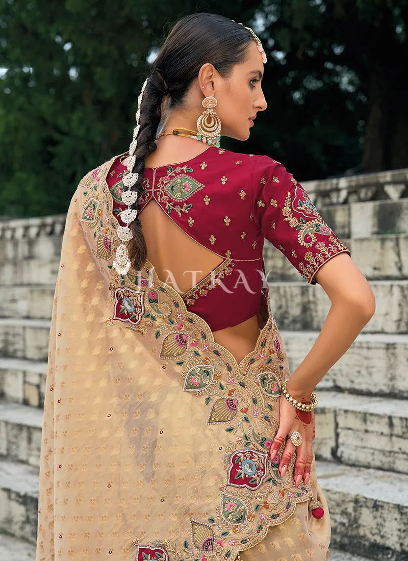 Beige Red Handwork Embroidery Wedding Saree
