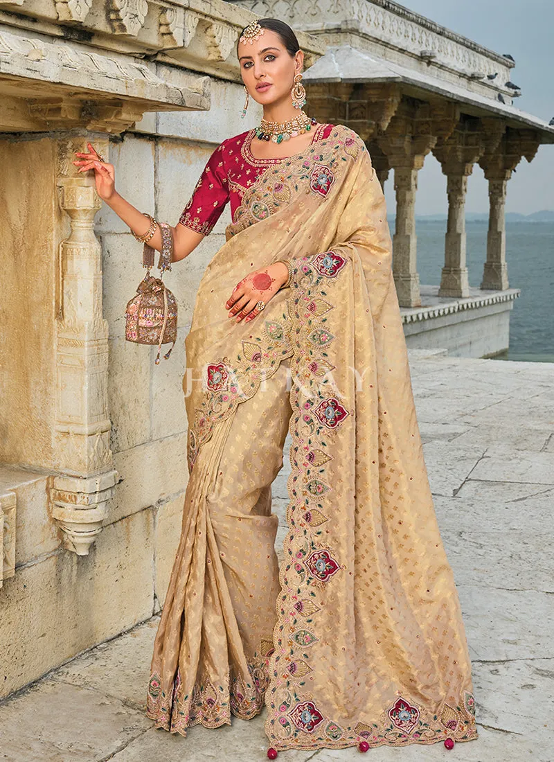 Beige Red Handwork Embroidery Wedding Saree