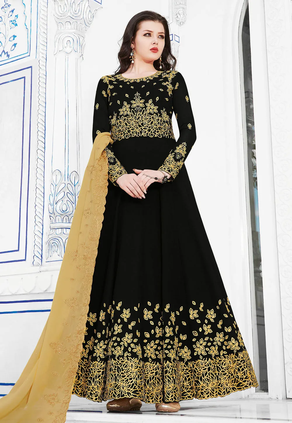 Black And Yellow Golden Embroidered Flared Anarkali Suit