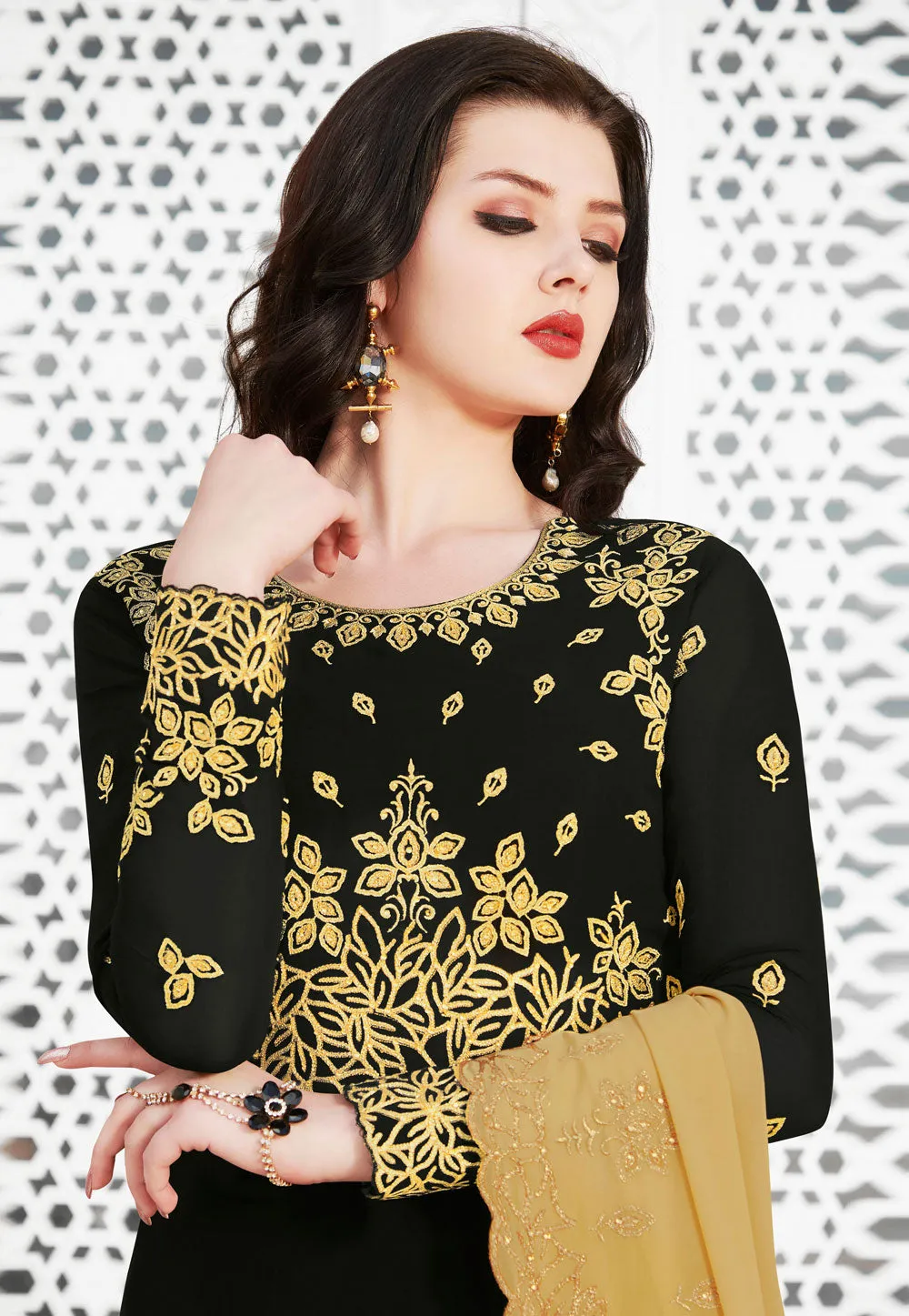 Black And Yellow Golden Embroidered Flared Anarkali Suit