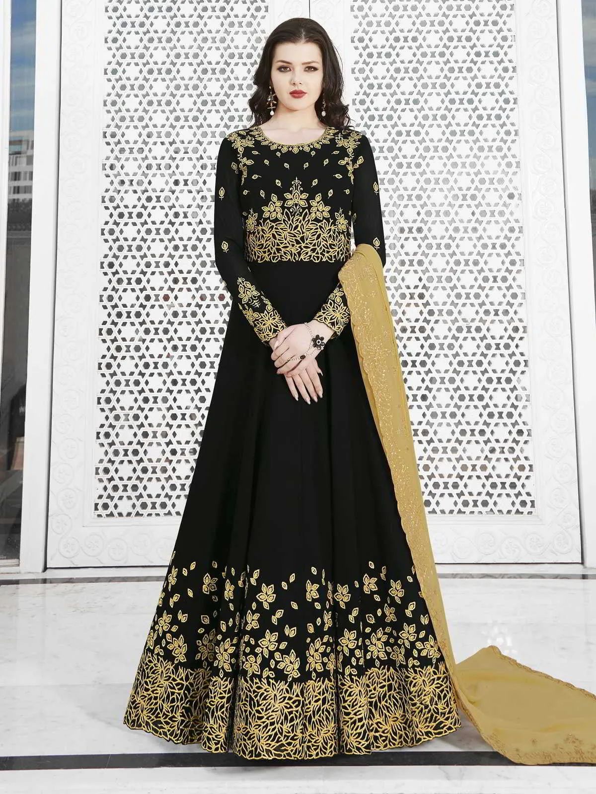Black And Yellow Golden Embroidered Flared Anarkali Suit