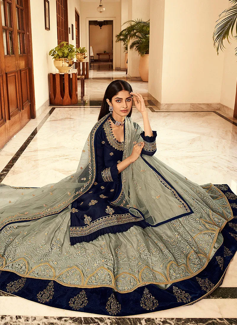 Blue And Grey Golden Zari Embroidered Indian Lehenga Suit