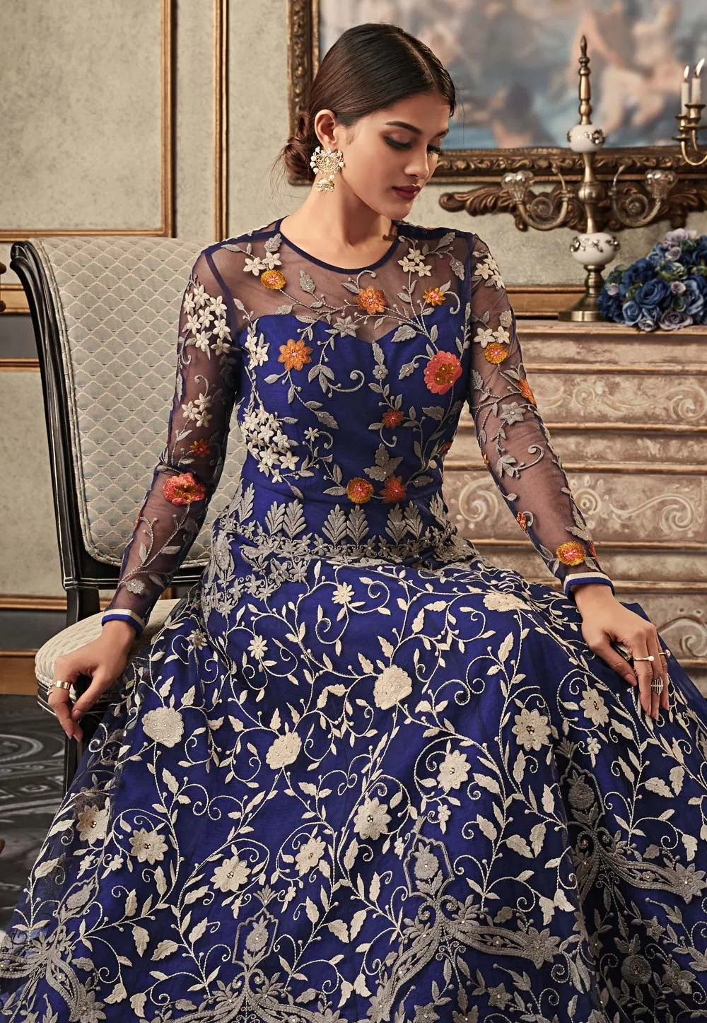 Blue Multi Embroidered Flared Anarkali Gown Set