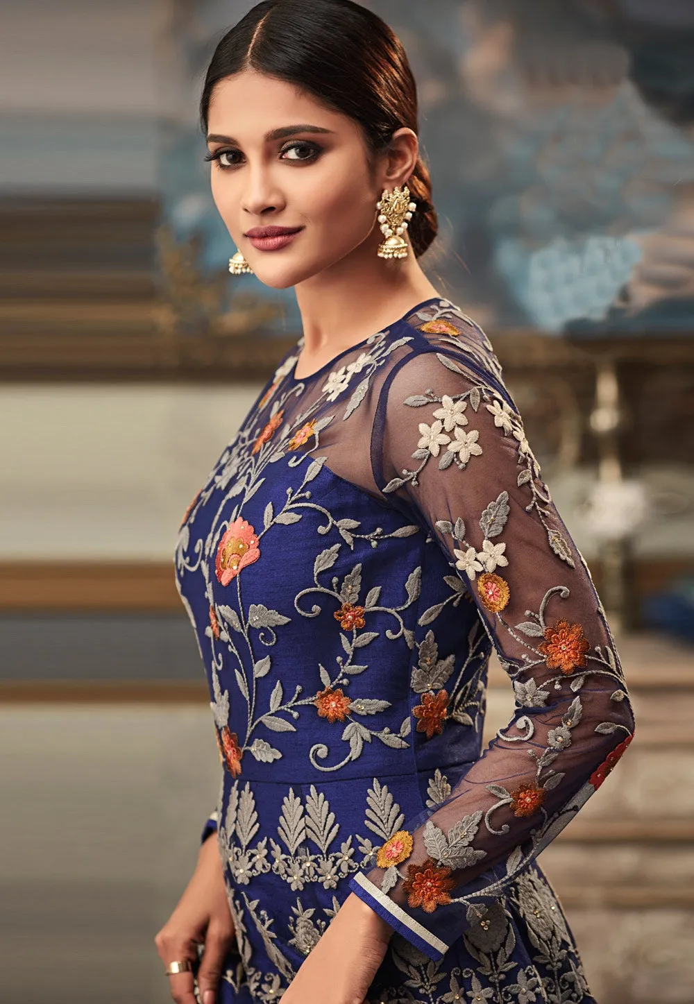 Blue Multi Embroidered Flared Anarkali Gown Set