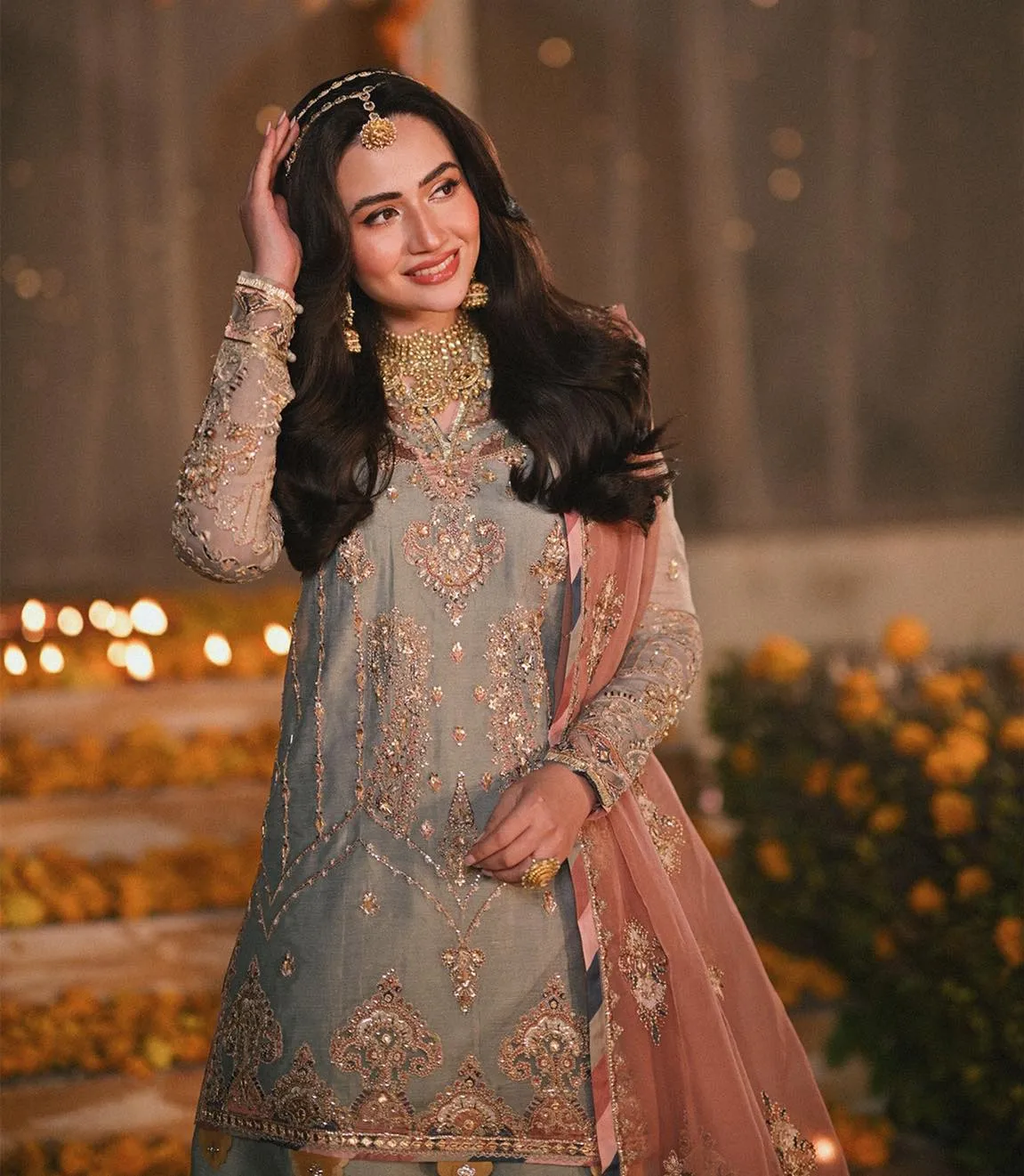 Blue Sharara Kameez Dupatta Pakistani Wedding Dress