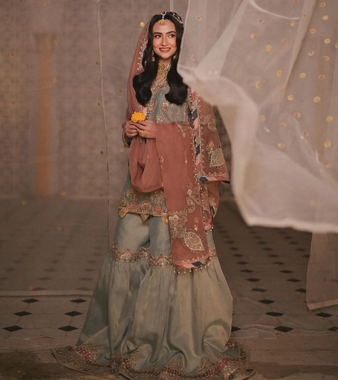 Blue Sharara Kameez Dupatta Pakistani Wedding Dress