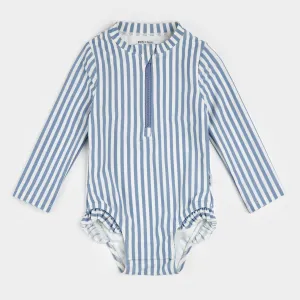 Blue Striped Long-Sleeve One-Piece Swimsuit