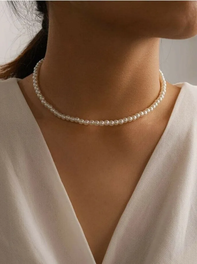 Bridal Minimalist Pearl Choker Necklace, Bridesmaid Pearl Bead Necklace, Elegant Wedding Pearl Necklace, Simple Pearl Jewelry