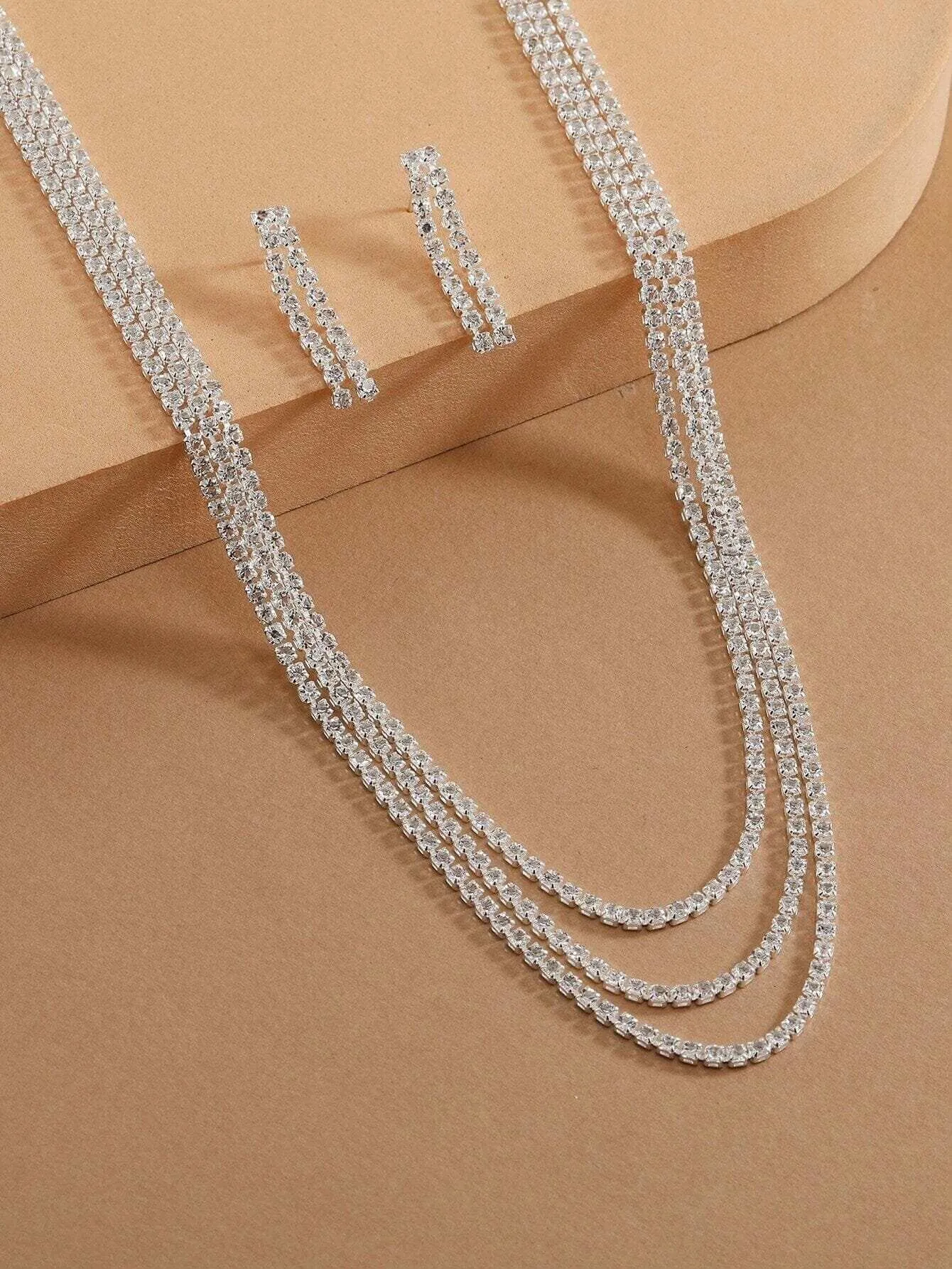 Bridal Rhinestone Crystal Multi Layer Necklace and Earrings 3 PC Set, Wedding Fashion CZ Diamond Gem Layered Bridesmaid Crystal Jewelry Set