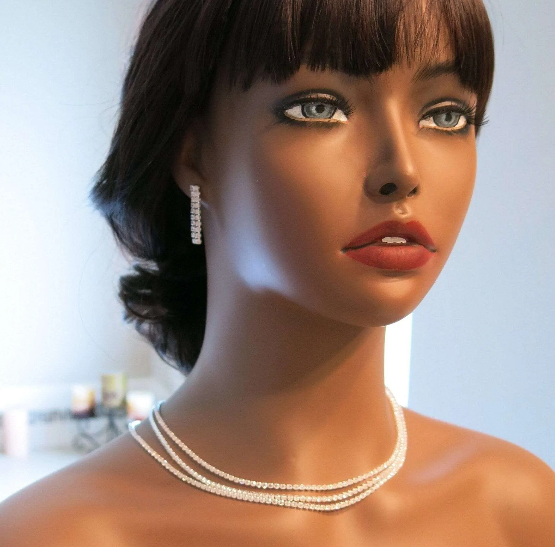 Bridal Rhinestone Crystal Multi Layer Necklace and Earrings 3 PC Set, Wedding Fashion CZ Diamond Gem Layered Bridesmaid Crystal Jewelry Set