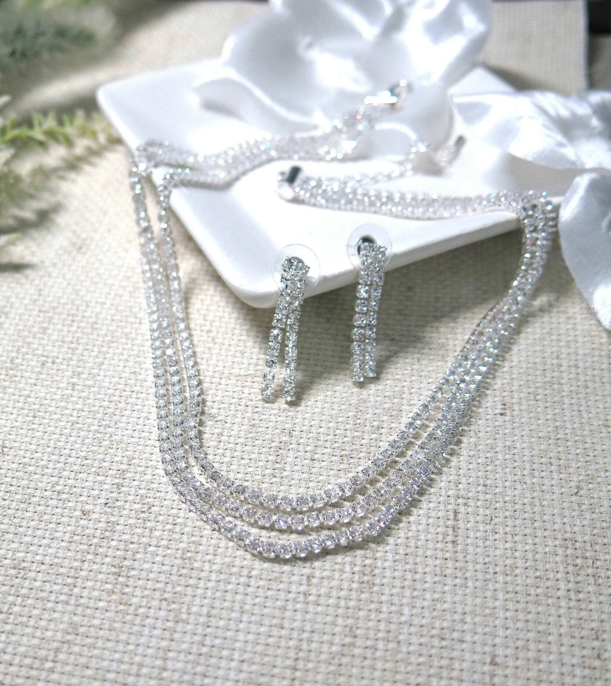 Bridal Rhinestone Crystal Multi Layer Necklace and Earrings 3 PC Set, Wedding Fashion CZ Diamond Gem Layered Bridesmaid Crystal Jewelry Set