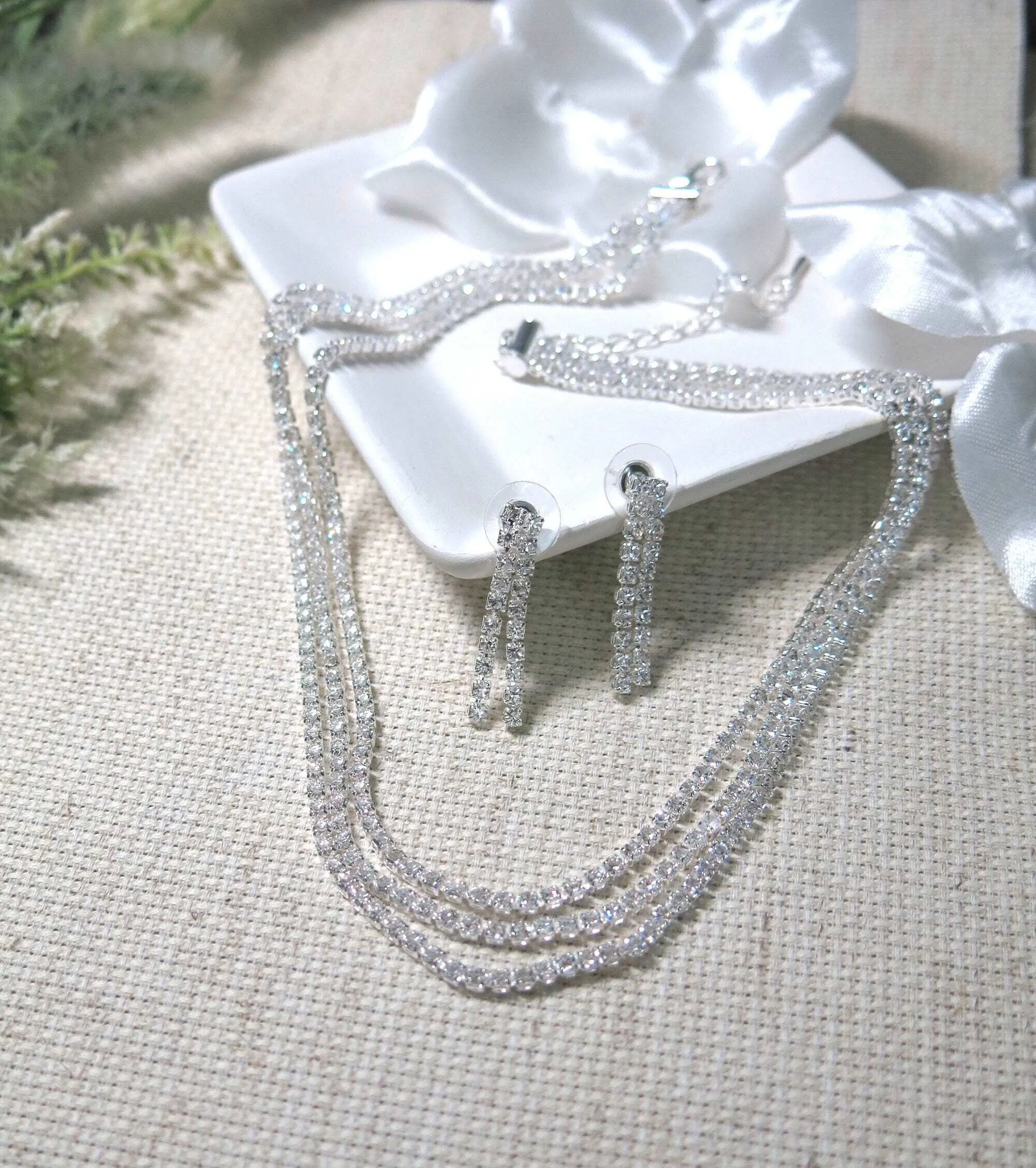 Bridal Rhinestone Crystal Multi Layer Necklace and Earrings 3 PC Set, Wedding Fashion CZ Diamond Gem Layered Bridesmaid Crystal Jewelry Set
