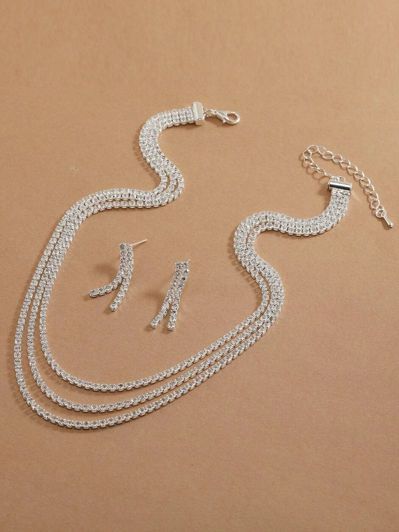Bridal Rhinestone Crystal Multi Layer Necklace and Earrings 3 PC Set, Wedding Fashion CZ Diamond Gem Layered Bridesmaid Crystal Jewelry Set