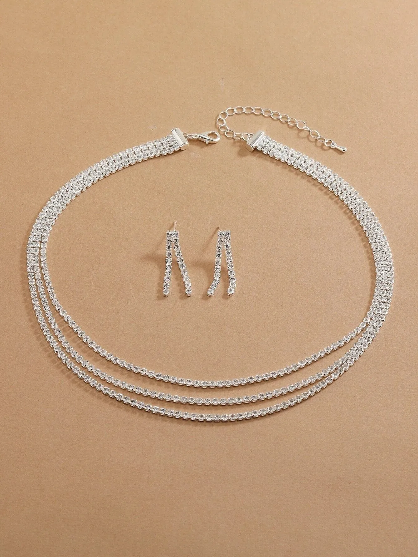 Bridal Rhinestone Crystal Multi Layer Necklace and Earrings 3 PC Set, Wedding Fashion CZ Diamond Gem Layered Bridesmaid Crystal Jewelry Set