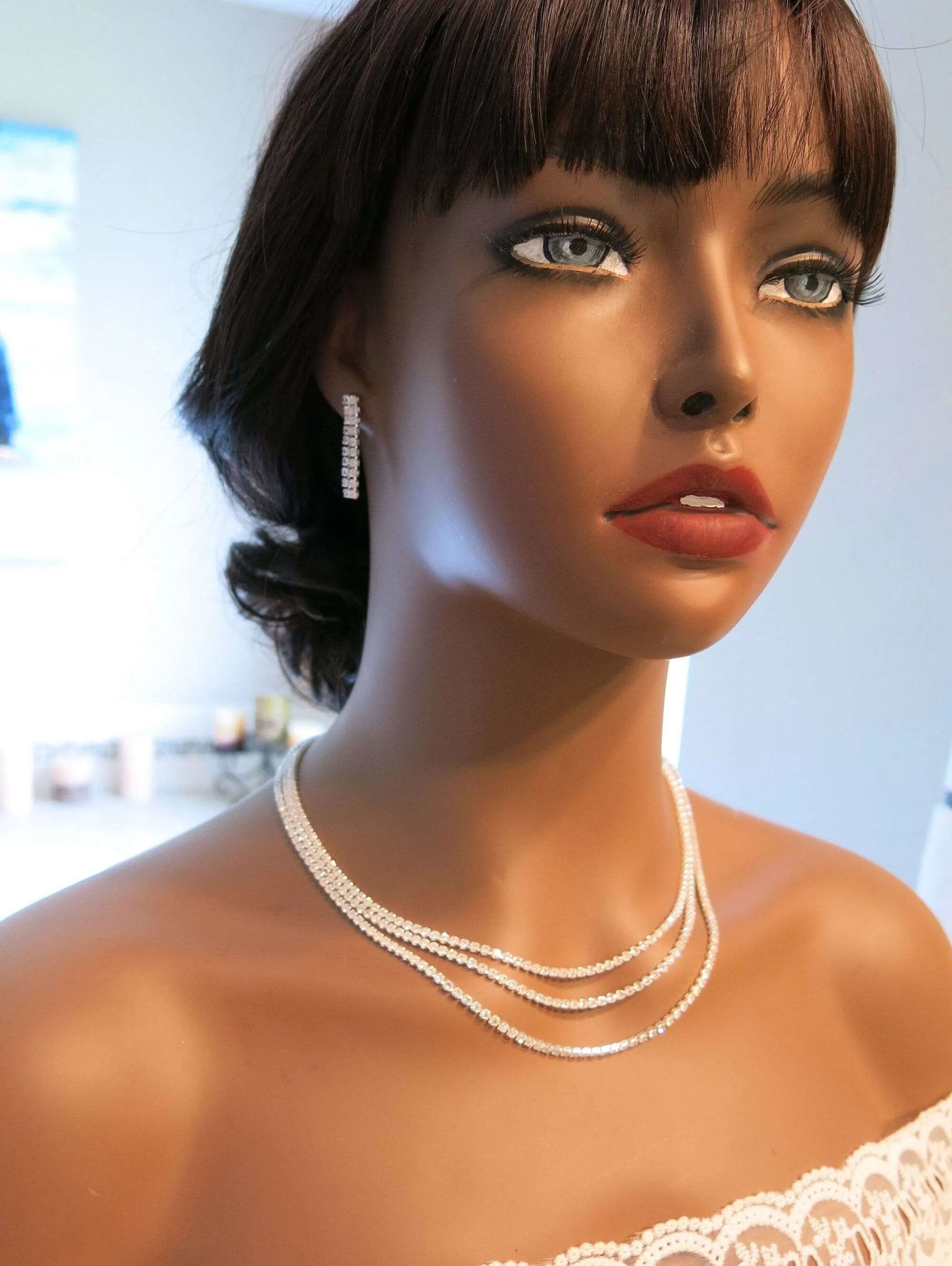Bridal Rhinestone Crystal Multi Layer Necklace and Earrings 3 PC Set, Wedding Fashion CZ Diamond Gem Layered Bridesmaid Crystal Jewelry Set