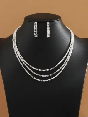 Bridal Rhinestone Crystal Multi Layer Necklace and Earrings 3 PC Set, Wedding Fashion CZ Diamond Gem Layered Bridesmaid Crystal Jewelry Set
