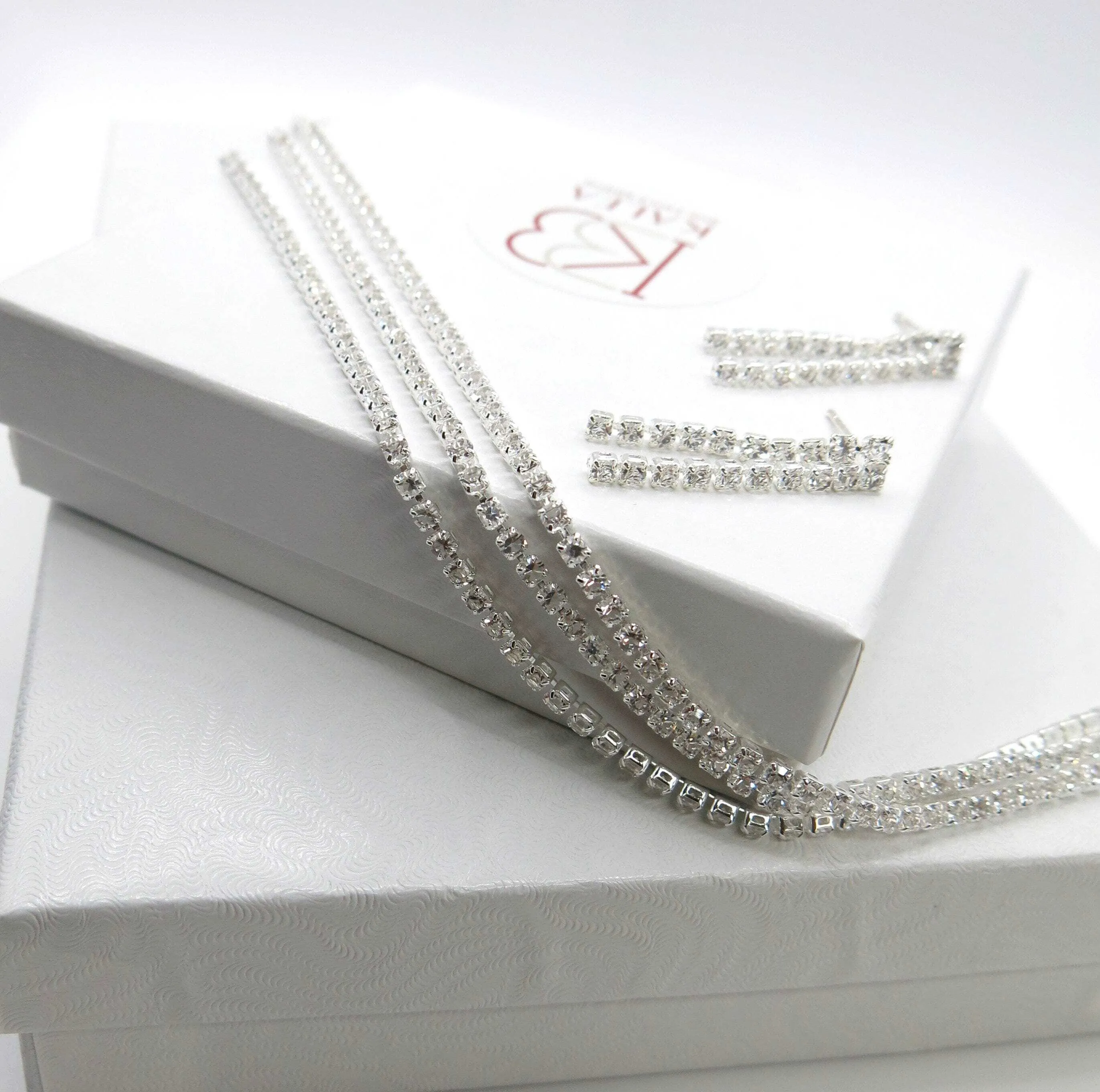Bridal Rhinestone Crystal Multi Layer Necklace and Earrings 3 PC Set, Wedding Fashion CZ Diamond Gem Layered Bridesmaid Crystal Jewelry Set