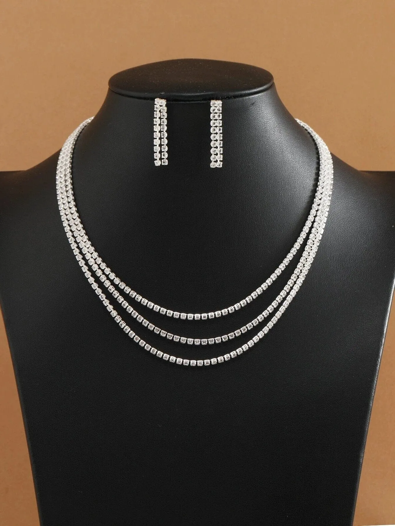 Bridal Rhinestone Crystal Multi Layer Necklace and Earrings 3 PC Set, Wedding Fashion CZ Diamond Gem Layered Bridesmaid Crystal Jewelry Set