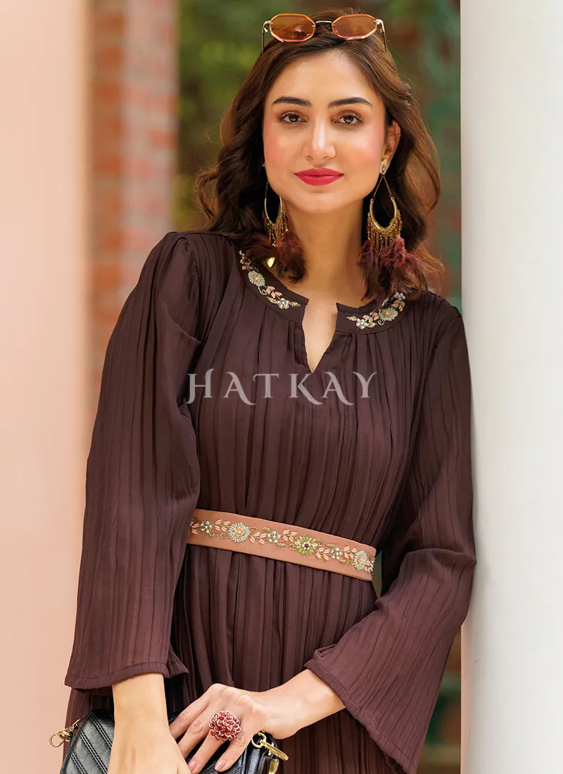 Brown Ombré Minimalist Embroidered Crushed Gown