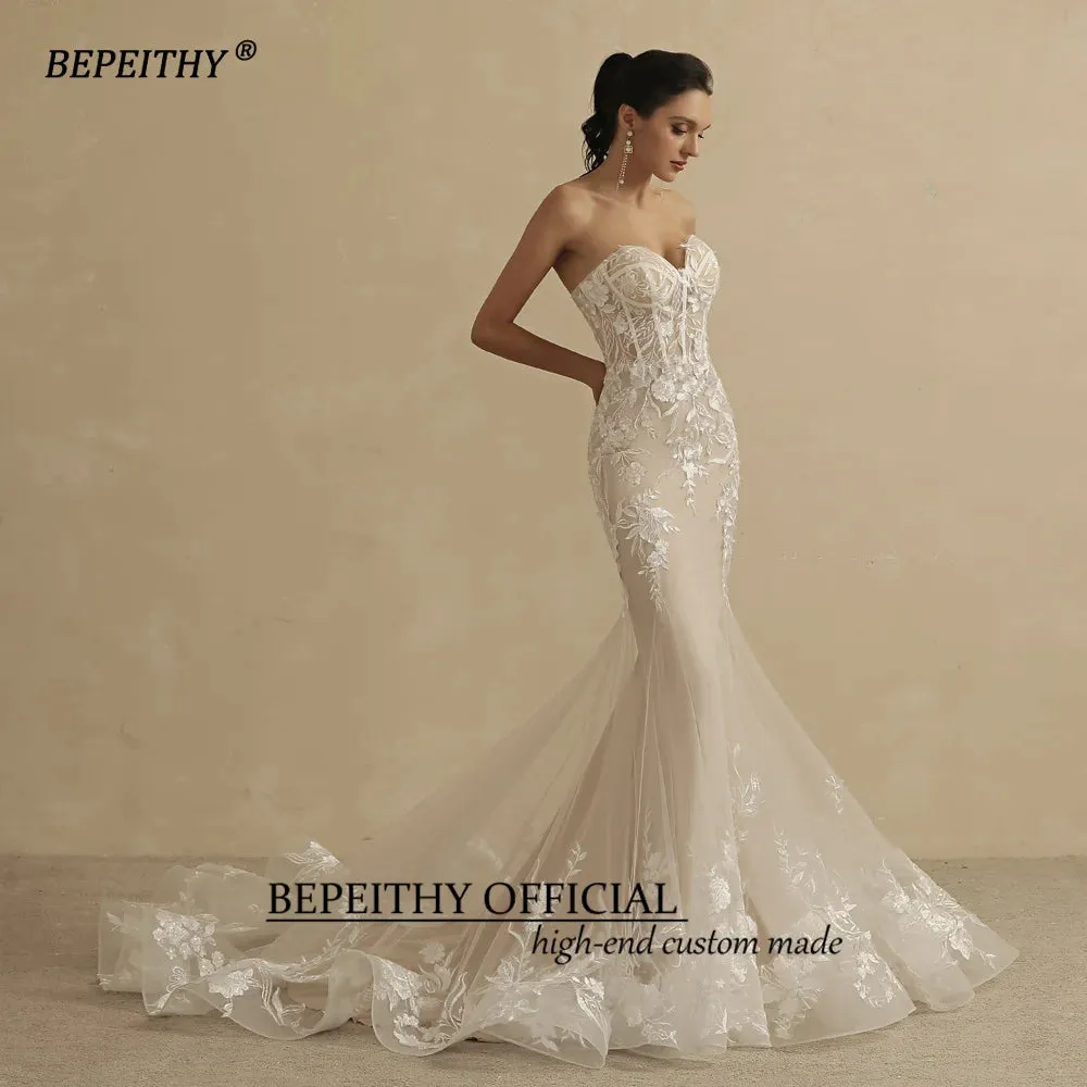 Champagne Mermaid Wedding Dress For Women Ivory Lace Sleeveless Trumpet