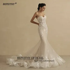 Champagne Mermaid Wedding Dress For Women Ivory Lace Sleeveless Trumpet