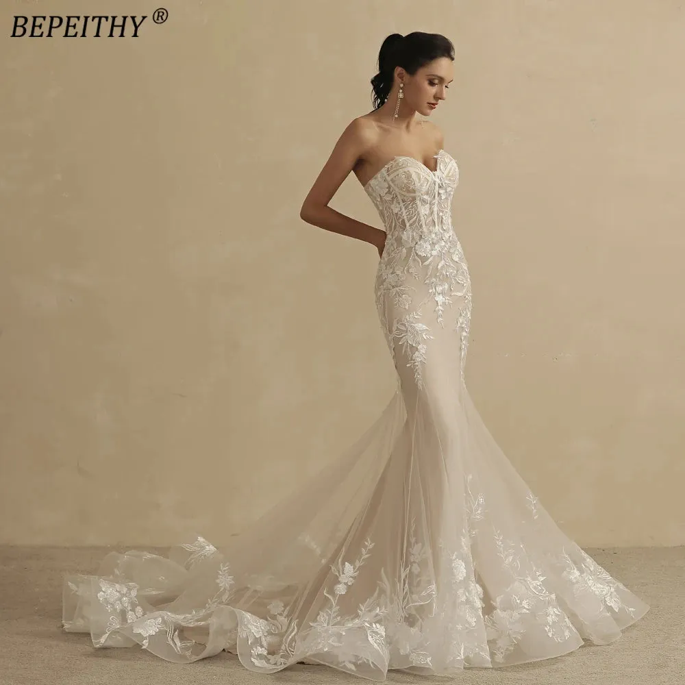 Champagne Mermaid Wedding Dress For Women Ivory Lace Sleeveless Trumpet