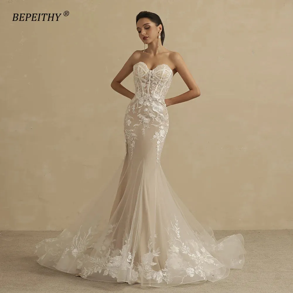 Champagne Mermaid Wedding Dress For Women Ivory Lace Sleeveless Trumpet