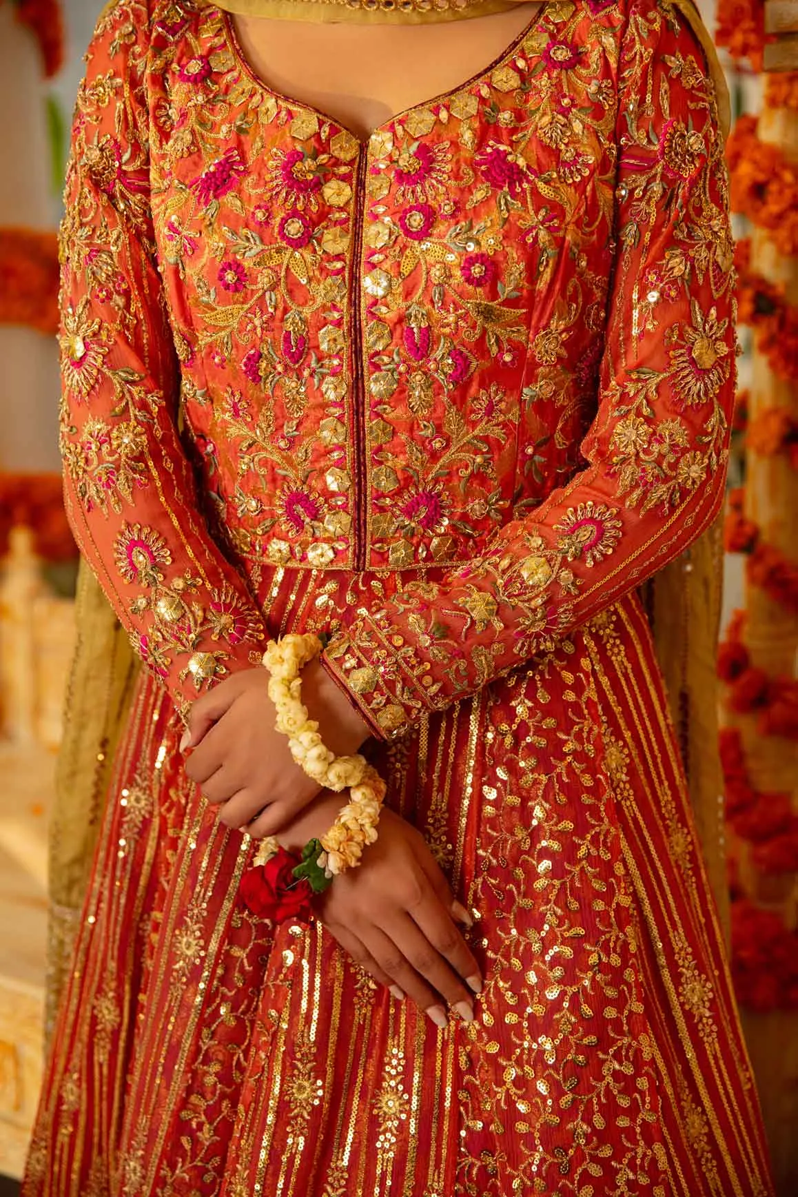 Coral Pink Embroidered Pakistani Wedding Dress Pishwas Frock Style