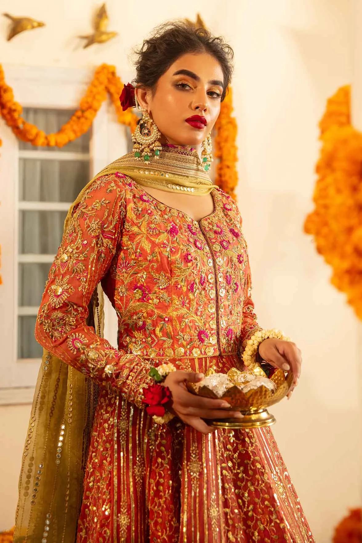 Coral Pink Embroidered Pakistani Wedding Dress Pishwas Frock Style