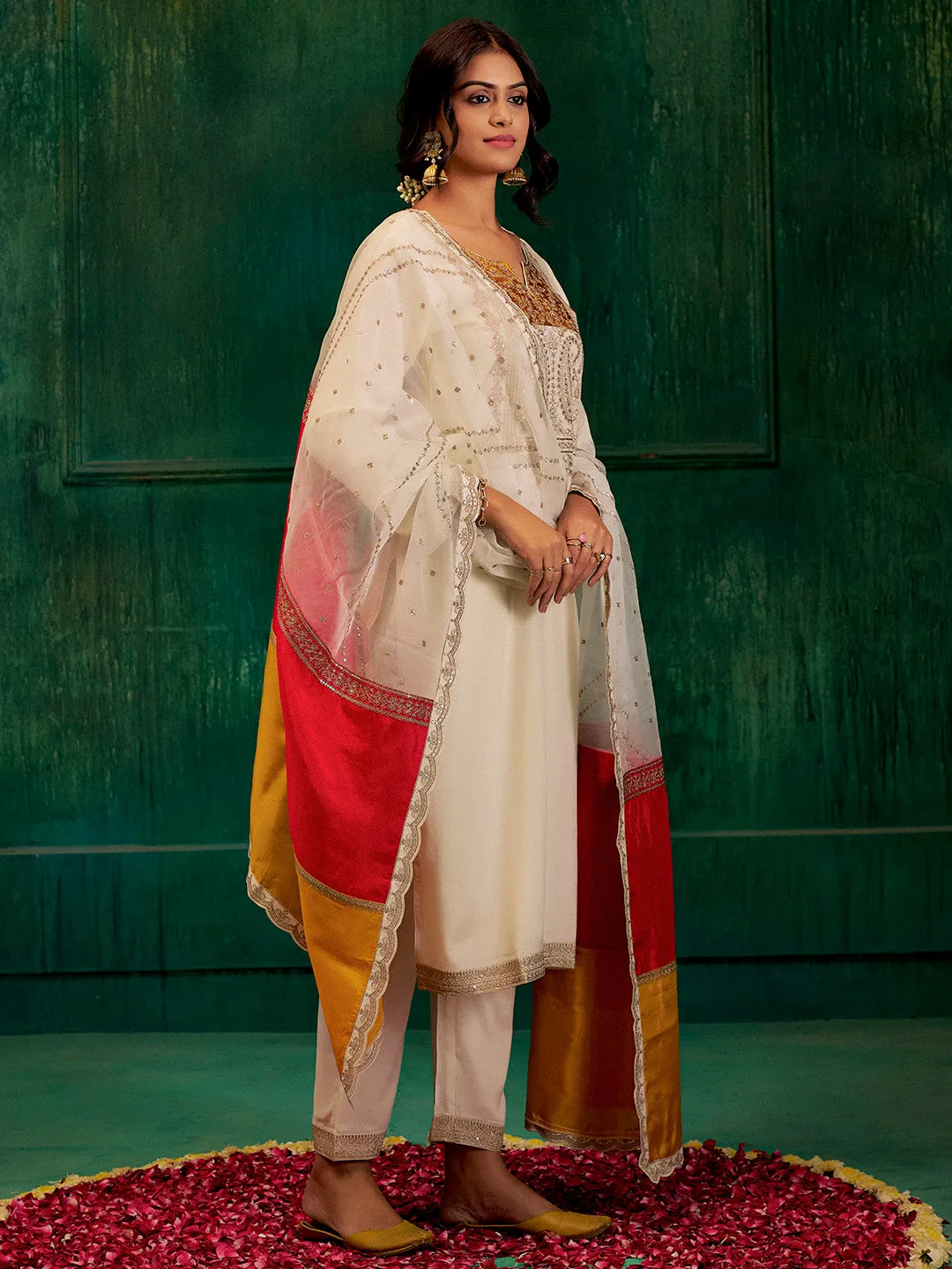 Cream & Mustard Zardozi Embroidered Festive Kurta Set With Dupatta