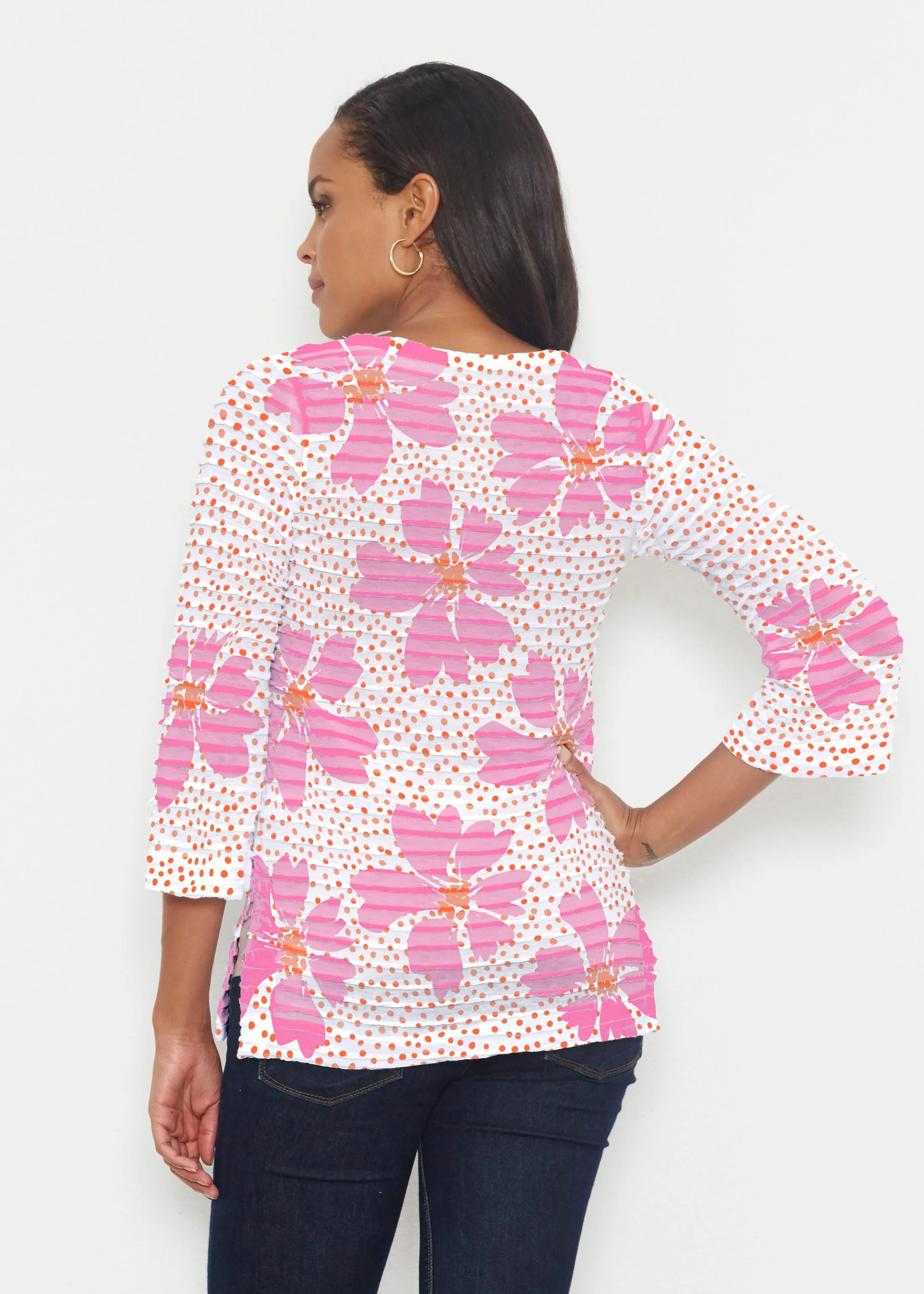 Daisy Dots Pink (8079) ~ Banded 3/4 Bell-Sleeve V-Neck Tunic