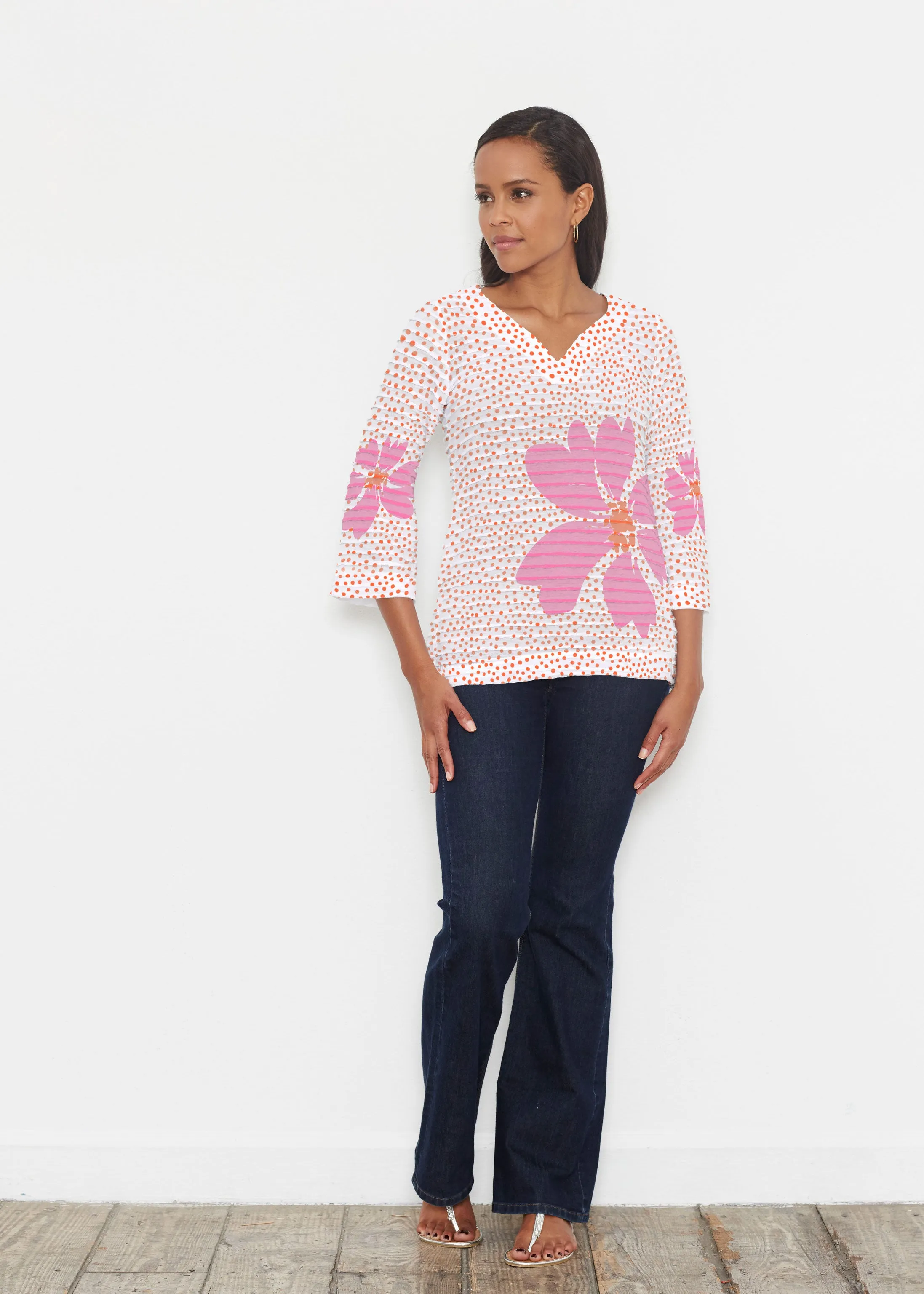 Daisy Dots Pink (8079) ~ Banded 3/4 Bell-Sleeve V-Neck Tunic