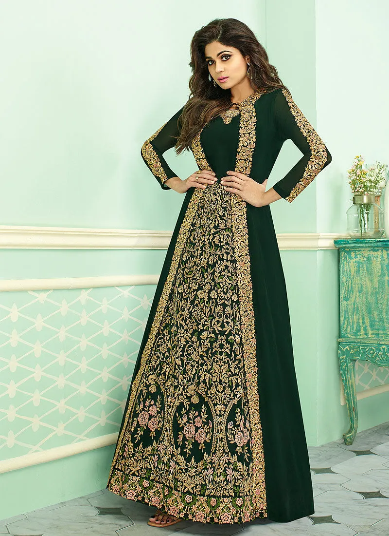 Dark Green Embroidered Jacket Style Anarkali Suit