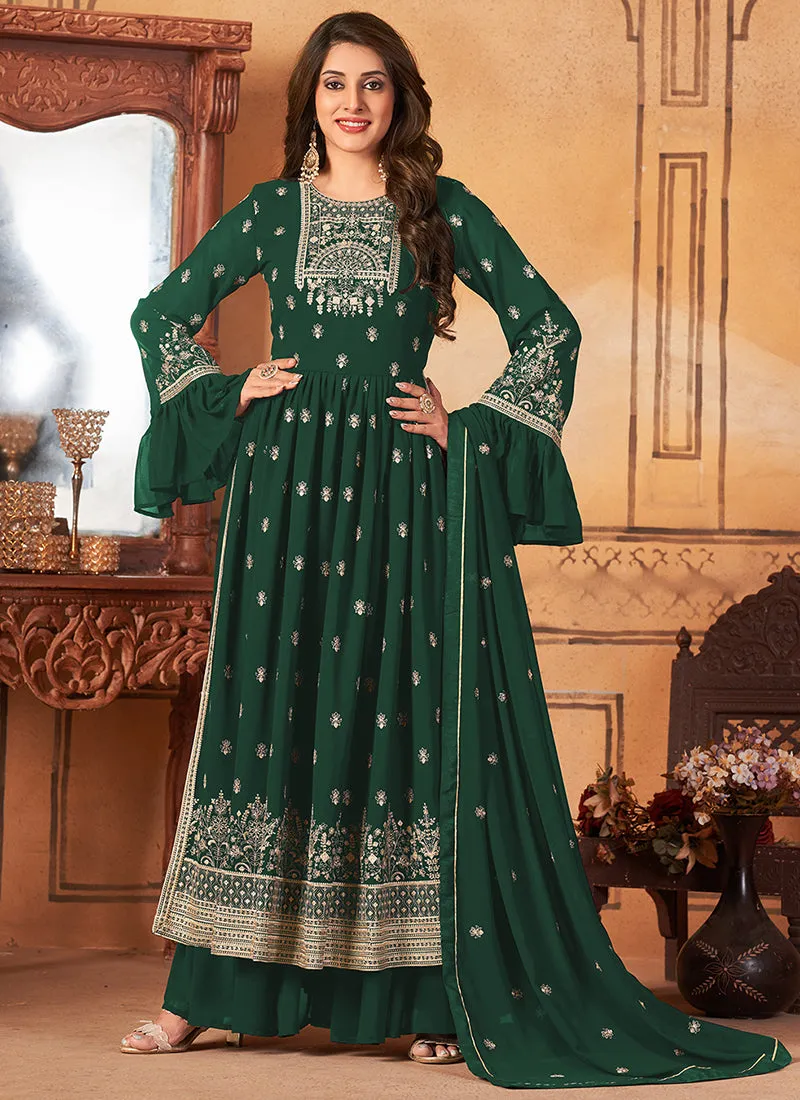 Dark Green Georgette Embroidered Festive Palazzo Suit