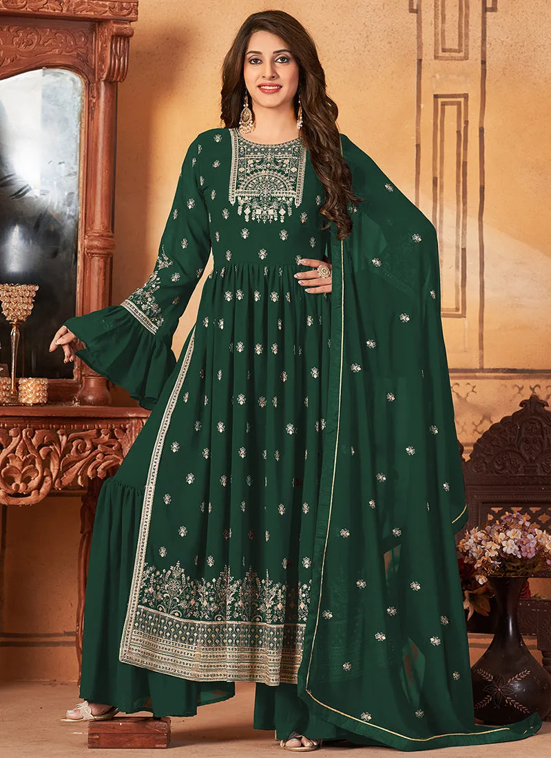 Dark Green Georgette Embroidered Festive Palazzo Suit