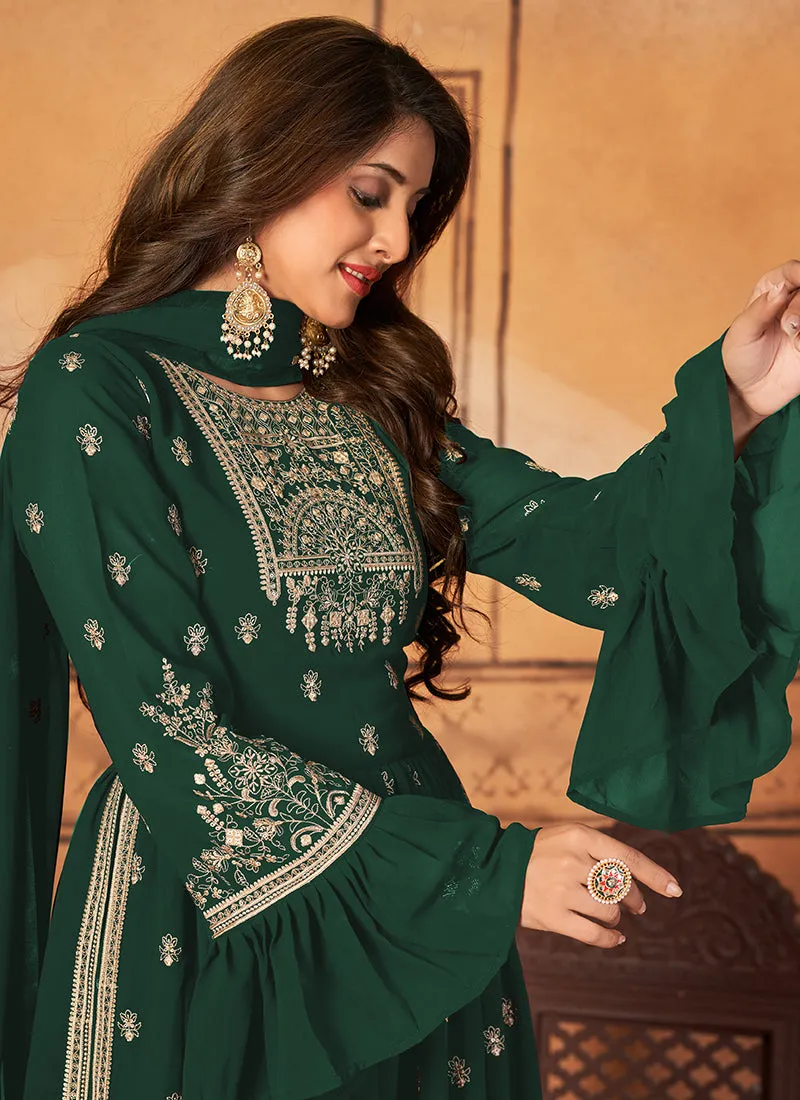 Dark Green Georgette Embroidered Festive Palazzo Suit