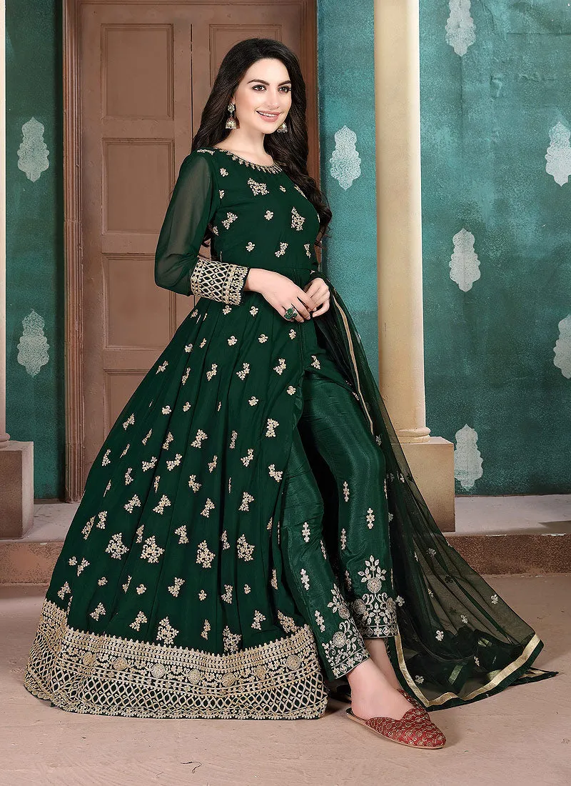 Dark Green Golden Embroidered Anarkali Pant Suit