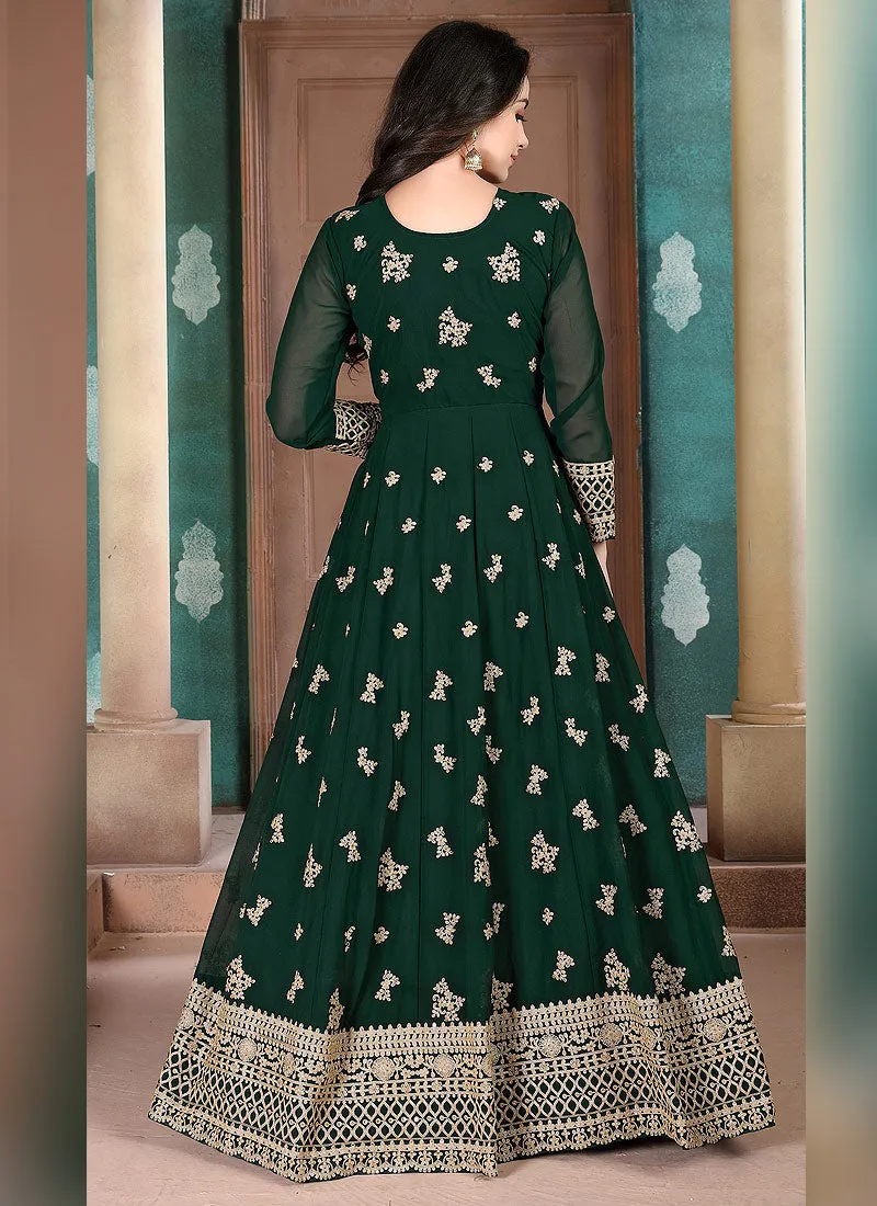 Dark Green Golden Embroidered Anarkali Pant Suit
